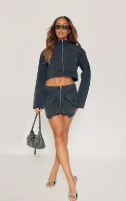 Petite Washed Black Cropped Denim Jacket