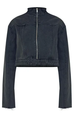Petite Washed Black Cropped Denim Jacket
