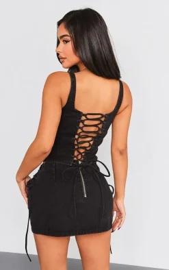 Petite Washed Black Denim Lace Up Corset Top
