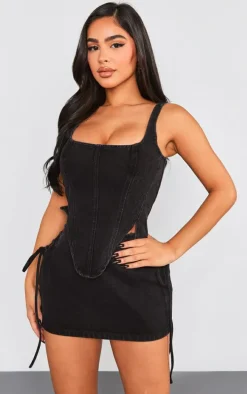 Petite Washed Black Denim Lace Up Corset Top