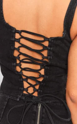 Petite Washed Black Denim Lace Up Corset Top