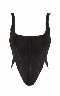 Petite Washed Black Denim Lace Up Corset Top