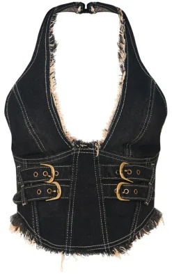 Petite Washed Black Denim Halterneck Crop Top