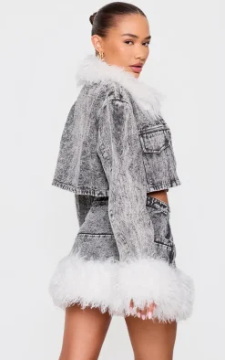 Petite Washed Black Denim Cropped Jacket With Fur Trims