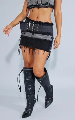 Petite Washed Black Distressed Panel Belted Denim Mini Skirt
