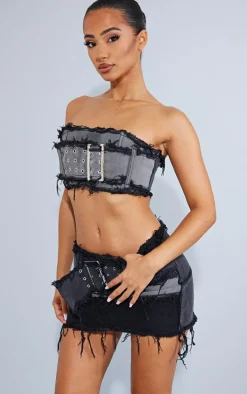 Petite Washed Black Distressed Panel Belted Denim Mini Skirt