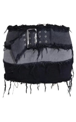 Petite Washed Black Distressed Panel Belted Denim Mini Skirt