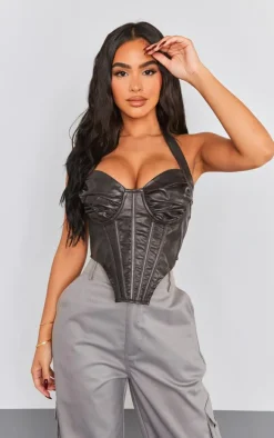 Petite Washed Black Faux Leather Halterneck Corset Top