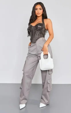 Petite Washed Black Faux Leather Halterneck Corset Top