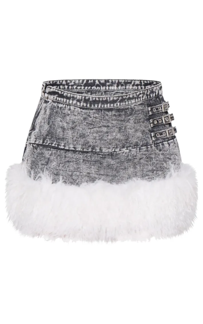 Petite Washed Black Faux Fur Trim Denim Mini Skirt