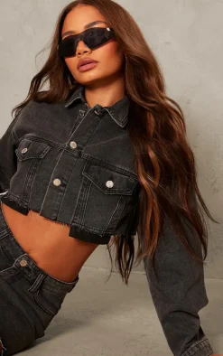 Petite Washed Black Pocket Detail Denim Cropped Jacket