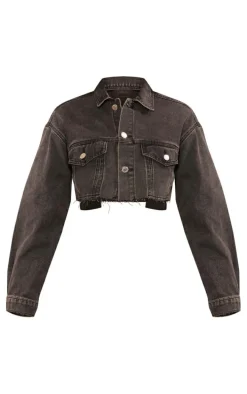 Petite Washed Black Pocket Detail Denim Cropped Jacket