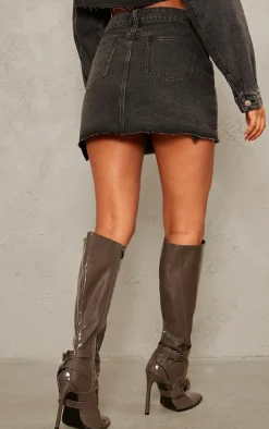 Petite Washed Black Pocket Detail Denim Mini Skirt