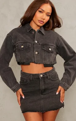 Petite Washed Black Pocket Detail Denim Mini Skirt