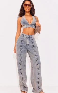 Petite Washed Blue Denim Lace-up Straight Leg Jeans