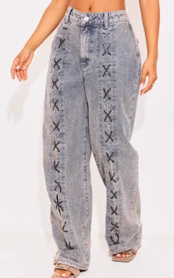 Petite Washed Blue Denim Lace-up Straight Leg Jeans