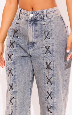 Petite Washed Blue Denim Lace-up Straight Leg Jeans