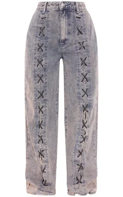 Petite Washed Blue Denim Lace-up Straight Leg Jeans