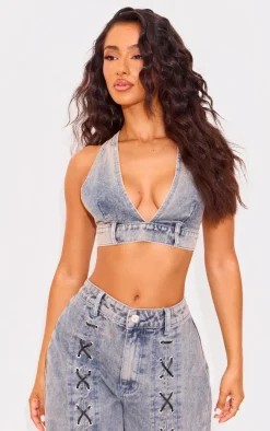 Petite Washed Blue Denim V-neck Bralet