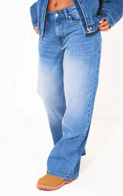 Petite Washed Blue Extreme Wide Leg Low Rise Jeans
