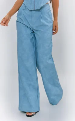 Petite Washed Blue Faux Leather Straight Leg Pants