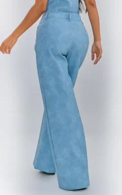 Petite Washed Blue Faux Leather Straight Leg Pants