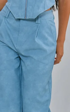 Petite Washed Blue Faux Leather Straight Leg Pants