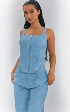 Petite Washed Blue Faux Leather Zip Up Corset Top