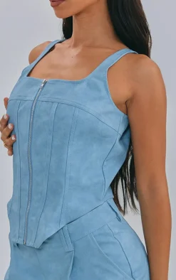 Petite Washed Blue Faux Leather Zip Up Corset Top