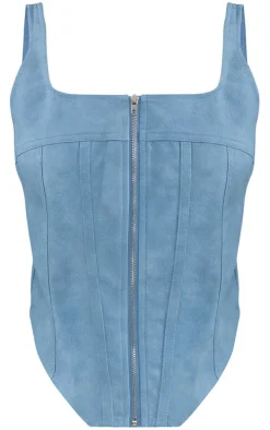 Petite Washed Blue Faux Leather Zip Up Corset Top
