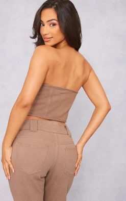 Petite Washed Brown Denim Hook And Eye Corset Top