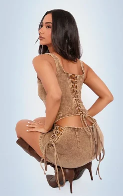 Petite Washed Brown Denim Lace Up Corset Top