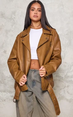 Petite Washed Brown Distressed Look Faux Leather Longline Biker Jacket