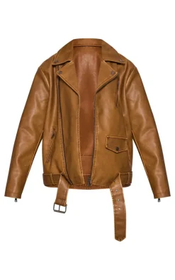 Petite Washed Brown Distressed Look Faux Leather Longline Biker Jacket