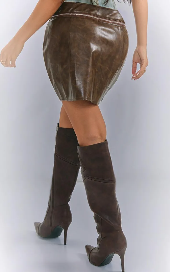 Petite Washed Brown Faux Leather Mini Skirt