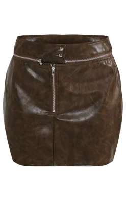 Petite Washed Brown Faux Leather Mini Skirt