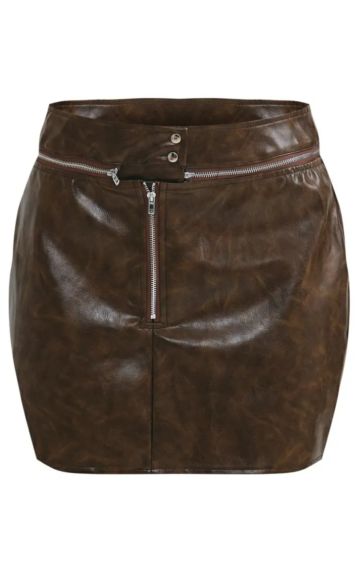 Petite Washed Brown Faux Leather Mini Skirt