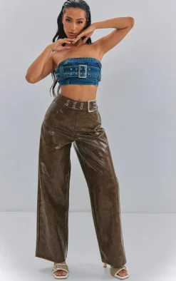 Petite Washed Brown Faux Leather Belted Straight Leg Pants