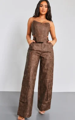 Petite Washed Brown Faux Leather Pocket Detail Pants