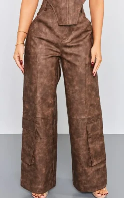 Petite Washed Brown Faux Leather Pocket Detail Pants