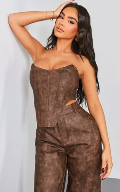 Petite Washed Brown Faux Leather Corset Top