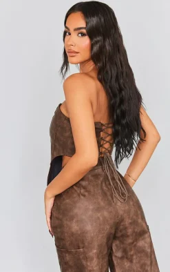 Petite Washed Brown Faux Leather Corset Top