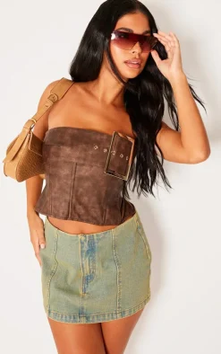 Petite Washed Brown Faux Leather Buckle Detail Corset