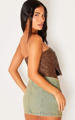 Petite Washed Brown Faux Leather Buckle Detail Corset