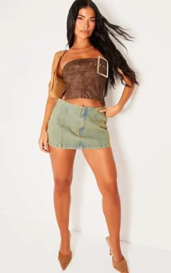 Petite Washed Brown Faux Leather Buckle Detail Corset