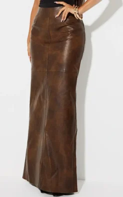 Petite Washed Brown Faux Leather Seam Detail Maxi Skirt