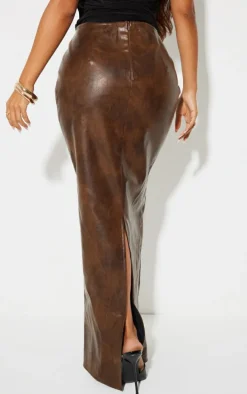 Petite Washed Brown Faux Leather Seam Detail Maxi Skirt