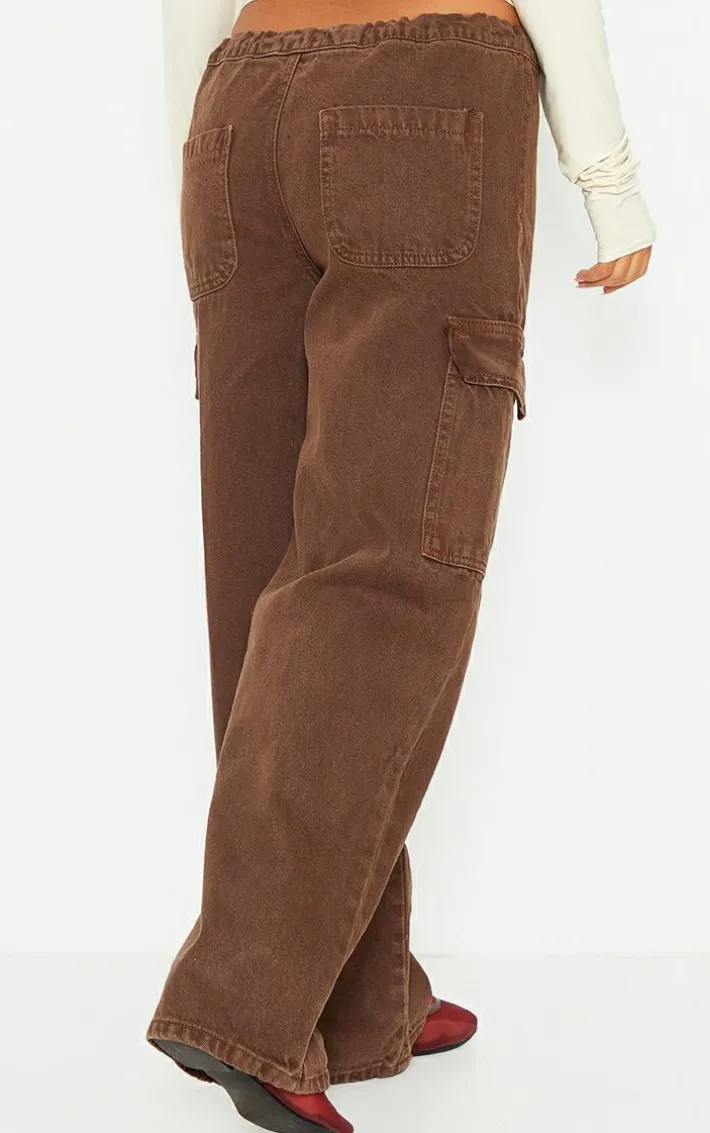 Petite Washed Brown Low Rise Drawstring Denim Jeans