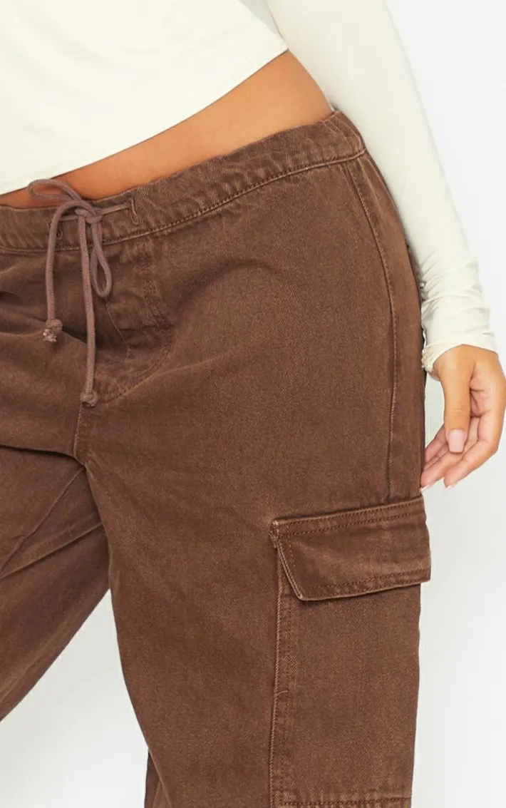 Petite Washed Brown Low Rise Drawstring Denim Jeans