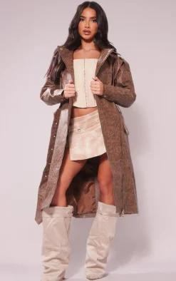 Petite Washed Brown PU Biker Trench Coat